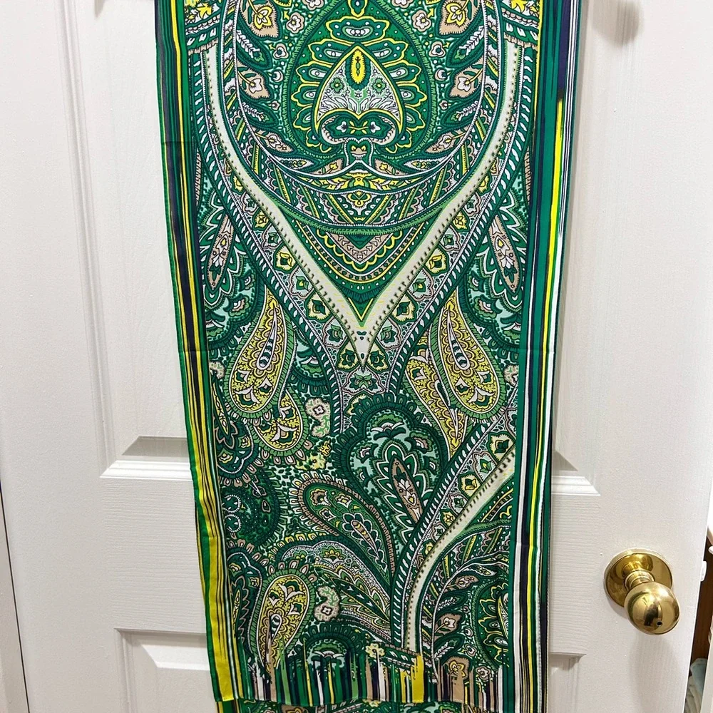 Anne Klein Green and Yellow Paisley Scarf 100% Silk - Picture 7 of 8